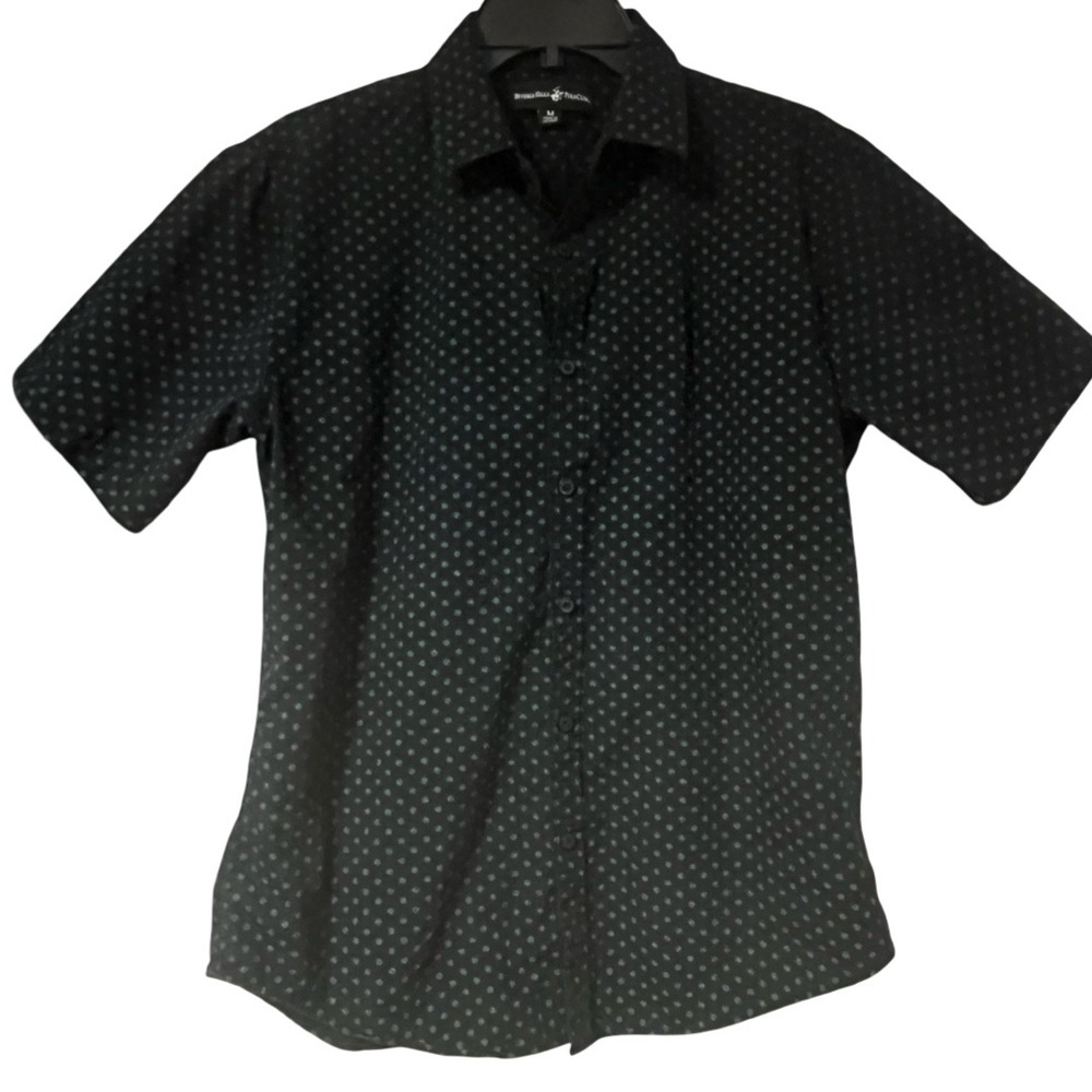 Beverly Hills Polo Club Short Sleeve Navy Button Up Shirt Dot Pattern Size M